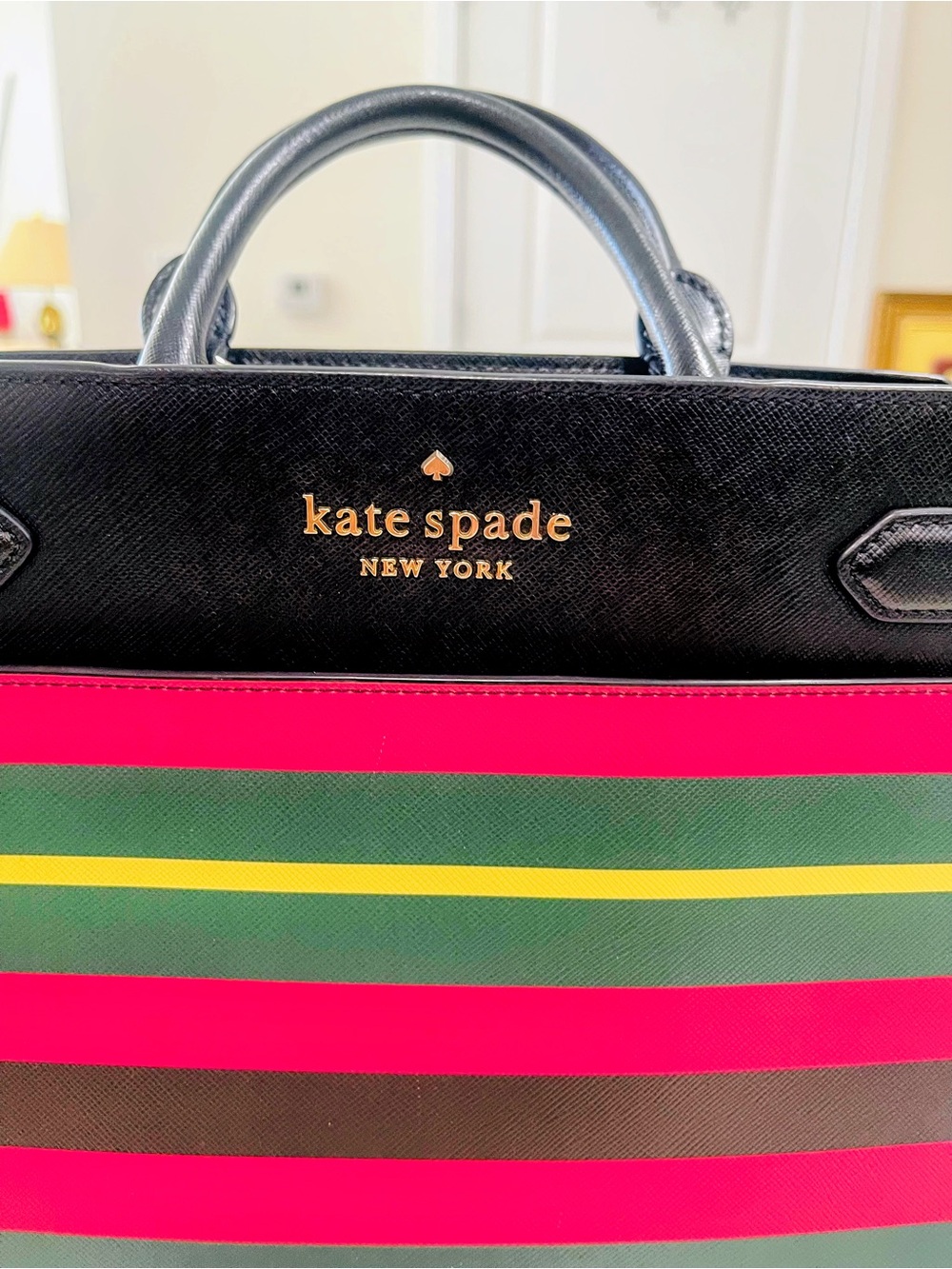 kate spade Black Satchel with Pink and Green Striped Front - Picture 2 of 9